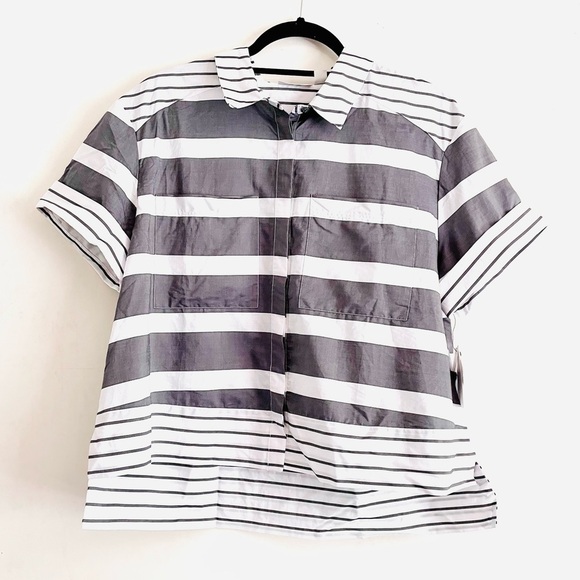 Nordstrom Halogen Top L NWT Boxy Striped Cropped White Gray Pocket Lightweight - Picture 1 of 7